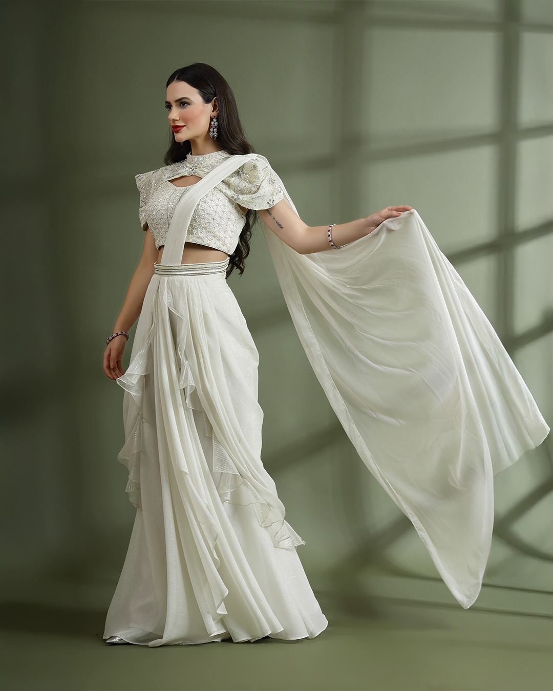 White Ruffle Saree Gown