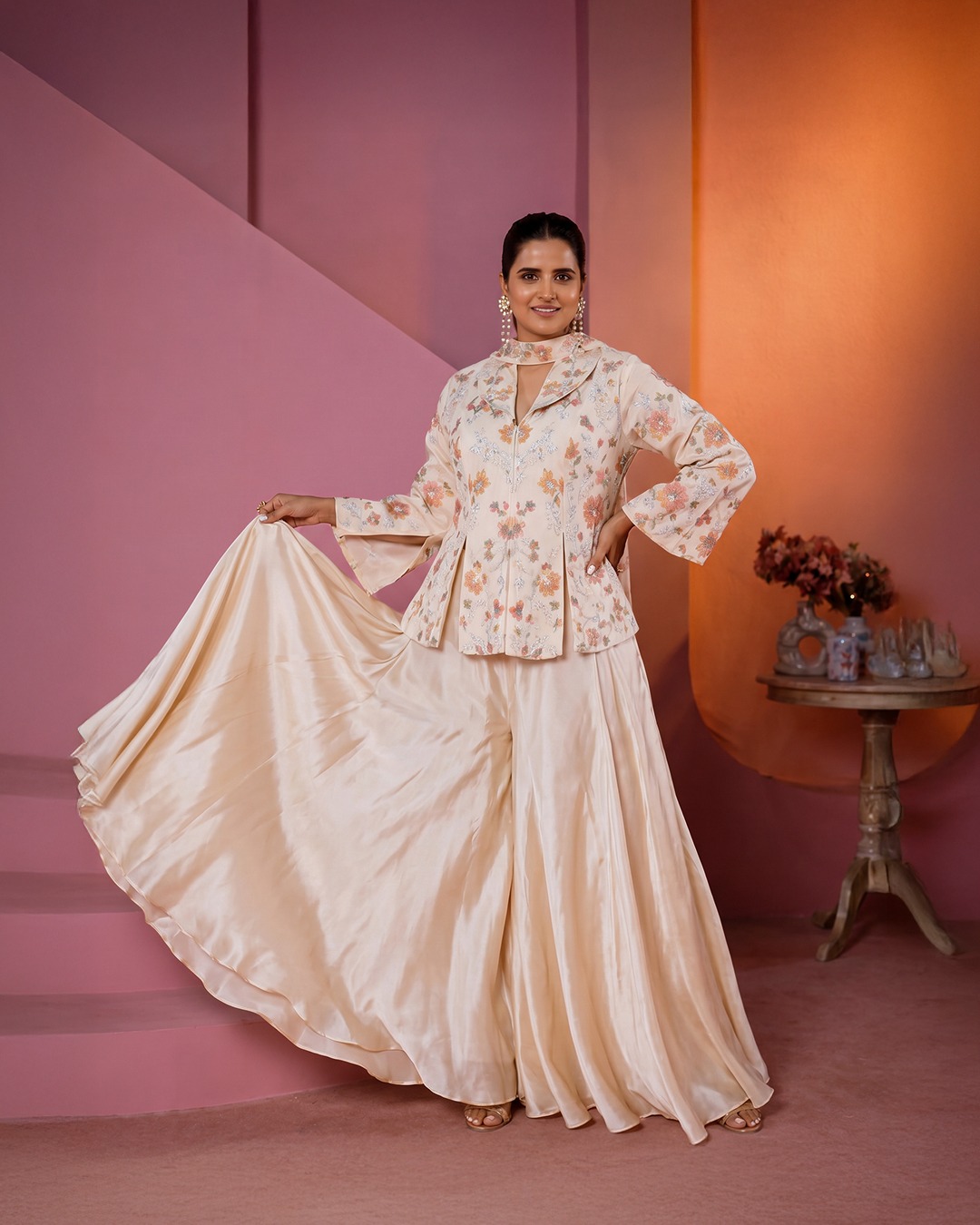 Cream Peplum Sharara Set