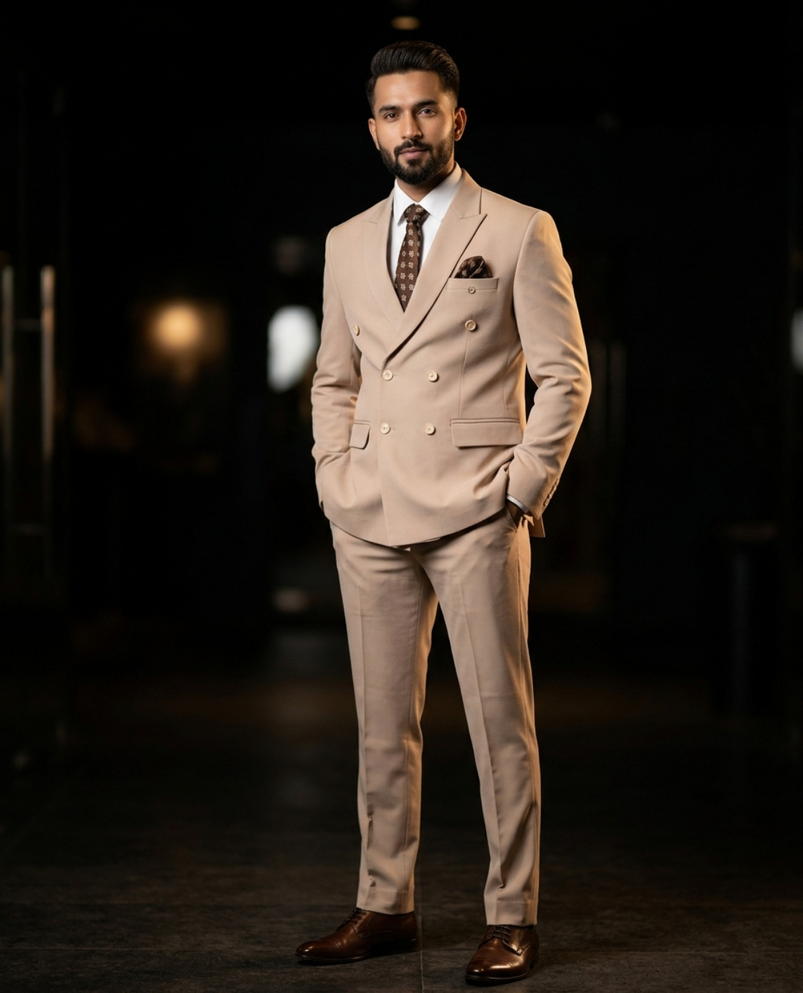 Beige Double-Breasted Suit